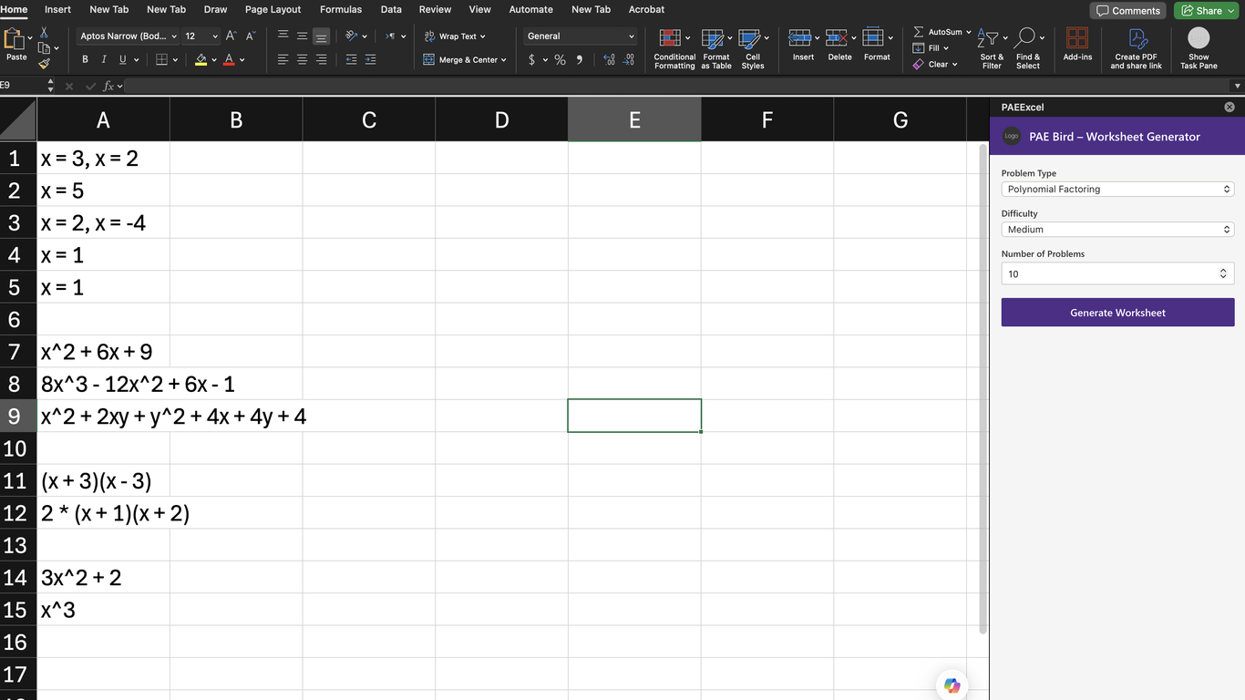 PAE Bird Excel add-in — function results