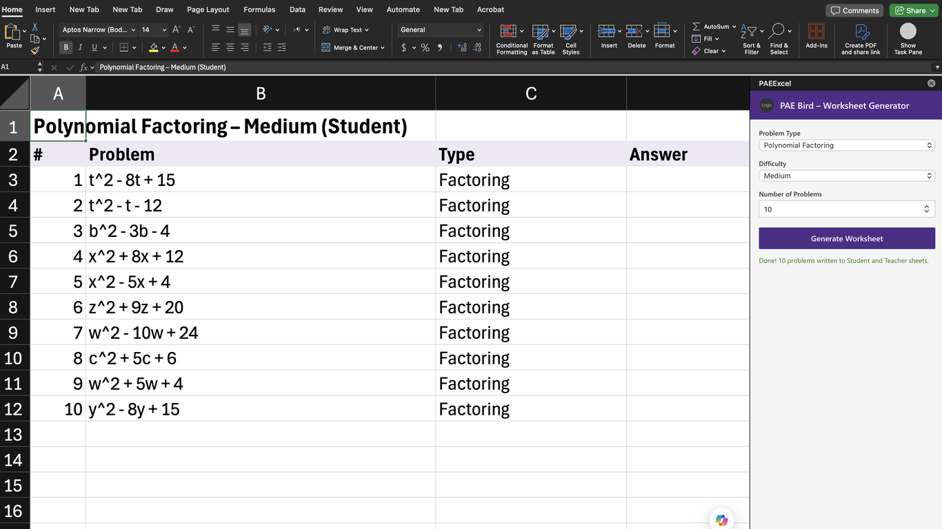PAE Bird Excel — worksheet generator