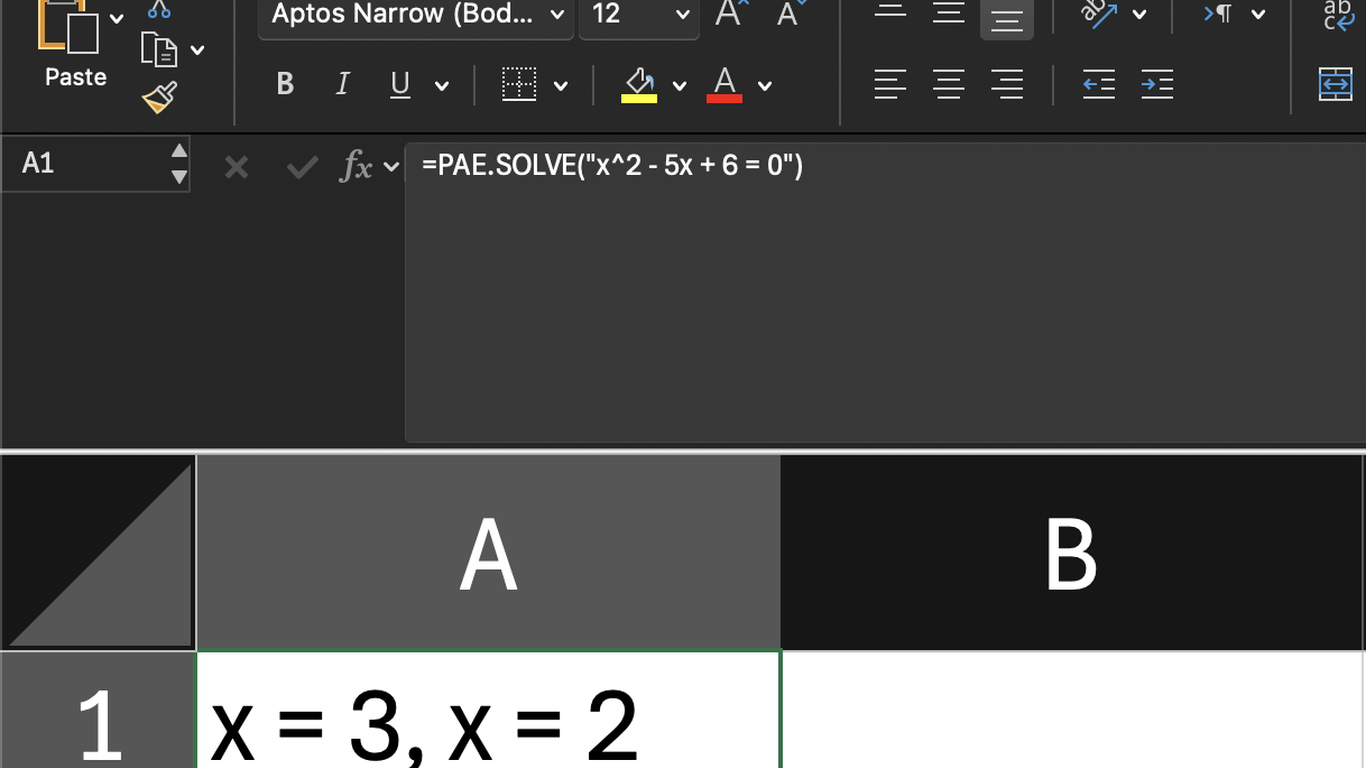 PAE Bird Excel — formula bar showing =PAE.SOLVE()