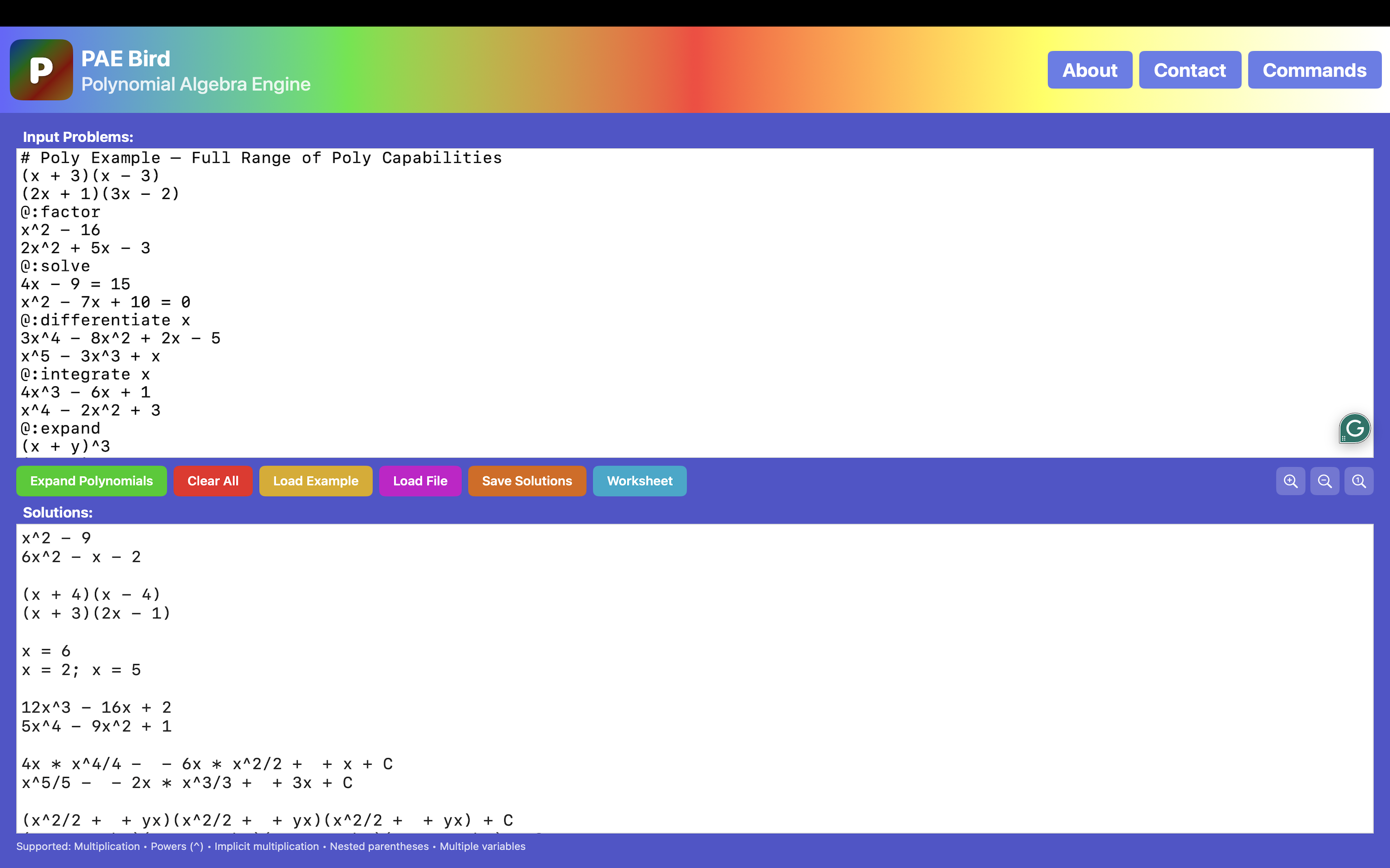 Full range — expand, factor, solve, differentiate, integrate in one batch