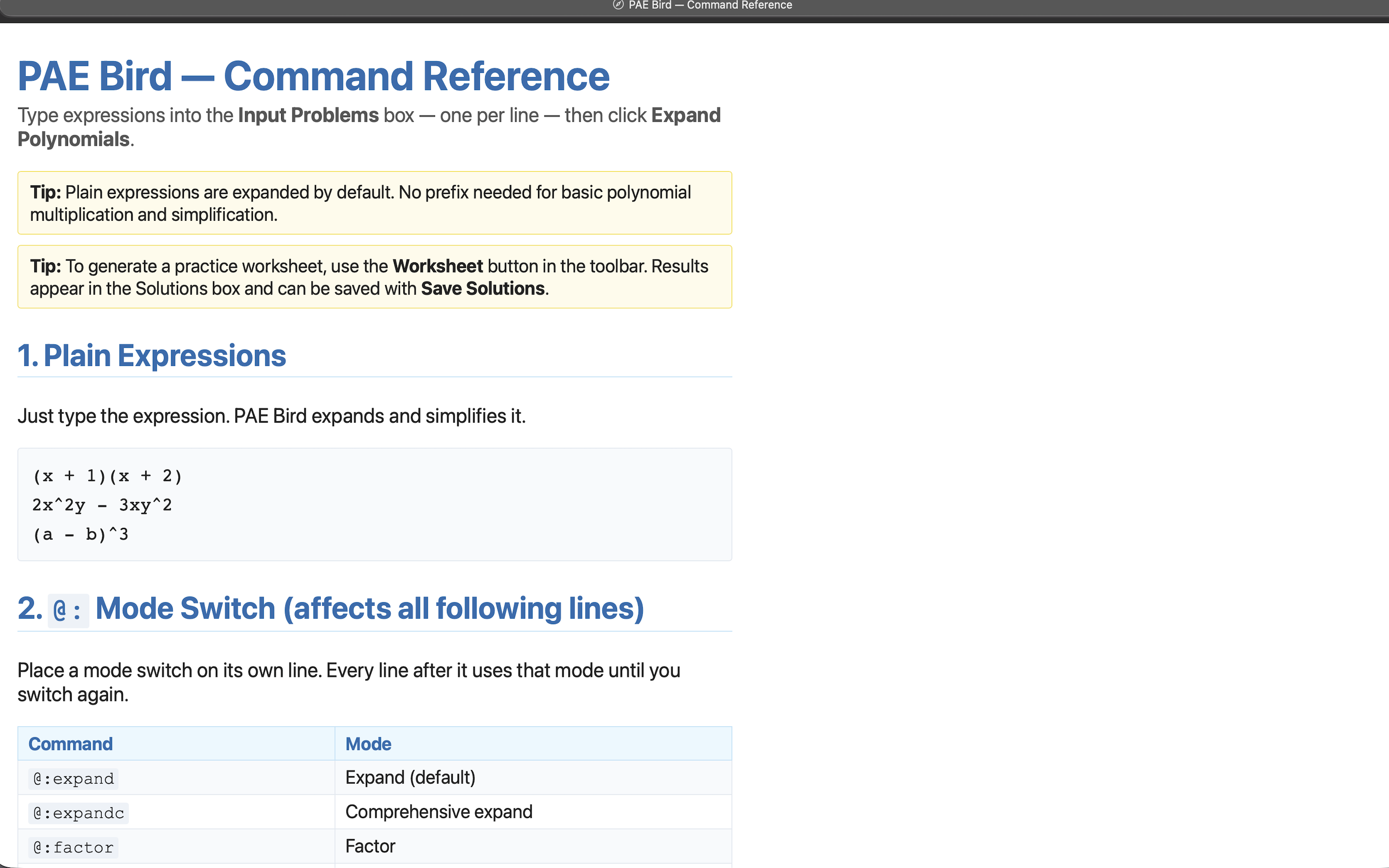 Command reference built into the app