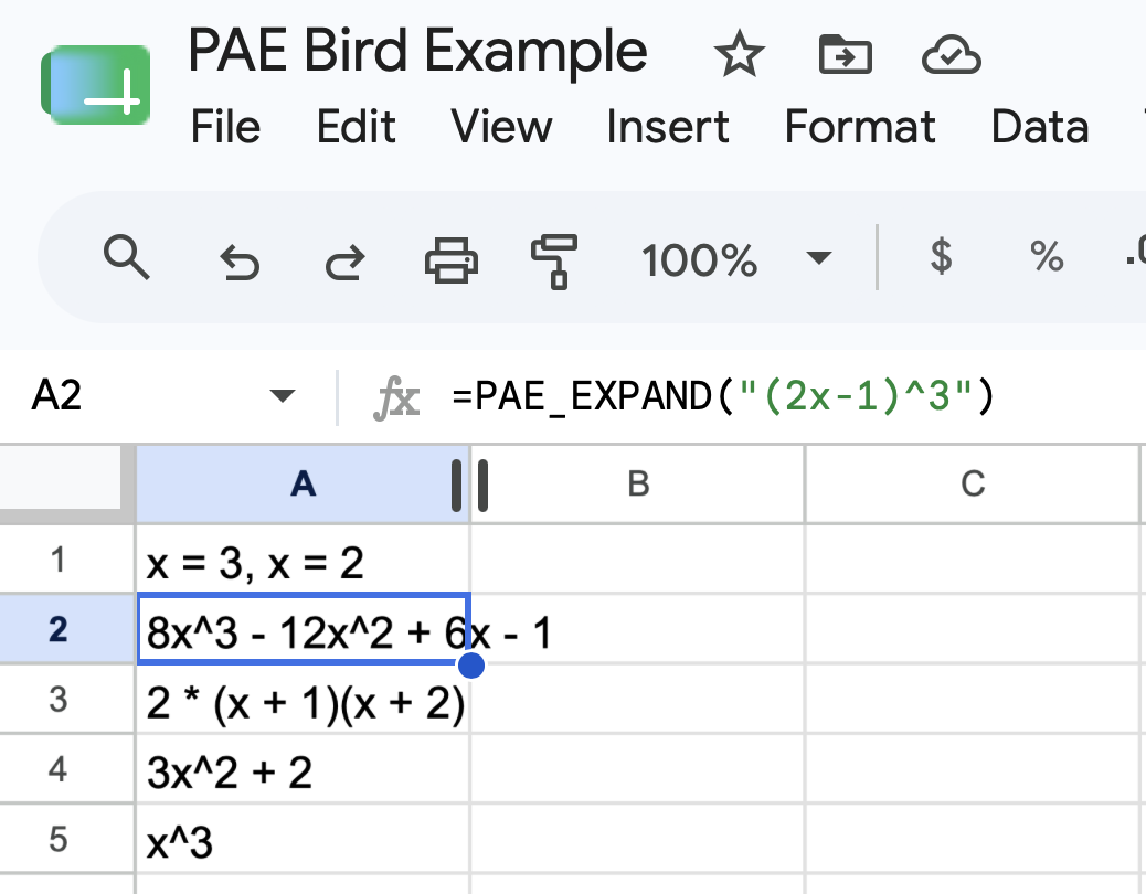 PAE Bird in Google Sheets — PAE_EXPAND formula bar