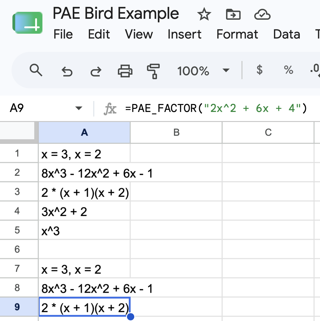 PAE Bird in Google Sheets — PAE_FACTOR formula bar