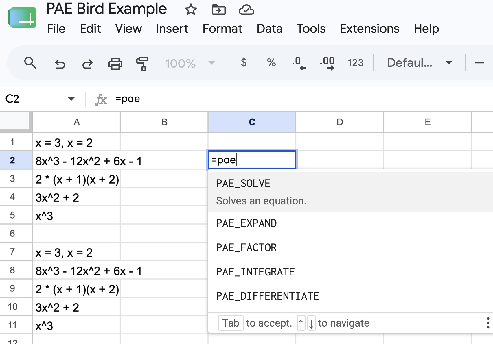 PAE Bird Google Sheets — native autocomplete showing all 5 functions